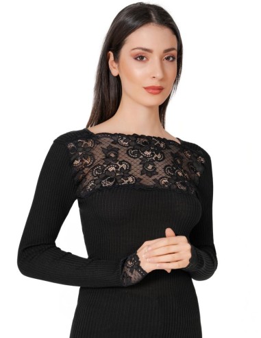 Maglia Donna Costina Lana Merinos Manica Lunga e Balza Pizzo