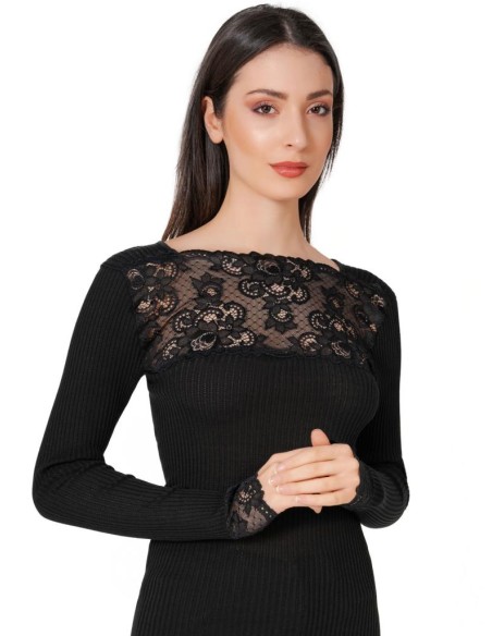 Maglia Donna Costina Lana Merinos Manica Lunga e Balza Pizzo
