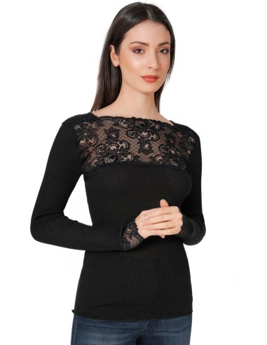 Maglia Donna Costina Lana Merinos Manica Lunga e Balza Pizzo