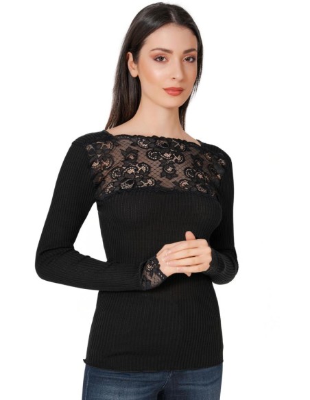 Maglia Donna Costina Lana Merinos Manica Lunga e Balza Pizzo