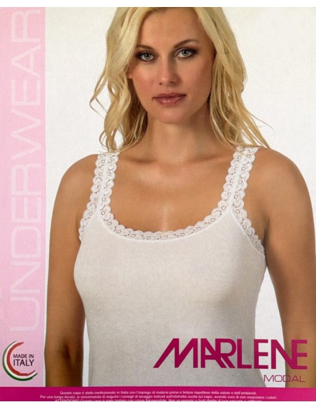 Canotta Donna a Costine Cotone Modal Spalla Larga in Pizzo