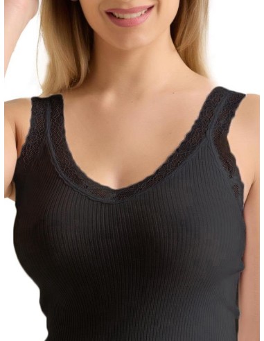 Canotta Donna Costine Cotone Scollo a V Pizzo, Marlene 53061