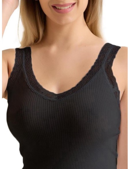 Canotta Donna Costine Cotone Scollo a V Pizzo, Marlene 53061
