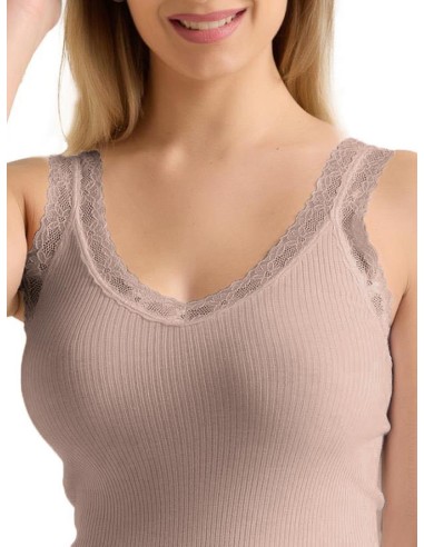 Canotta Donna Costine Cotone Scollo a V Pizzo, Marlene 53061