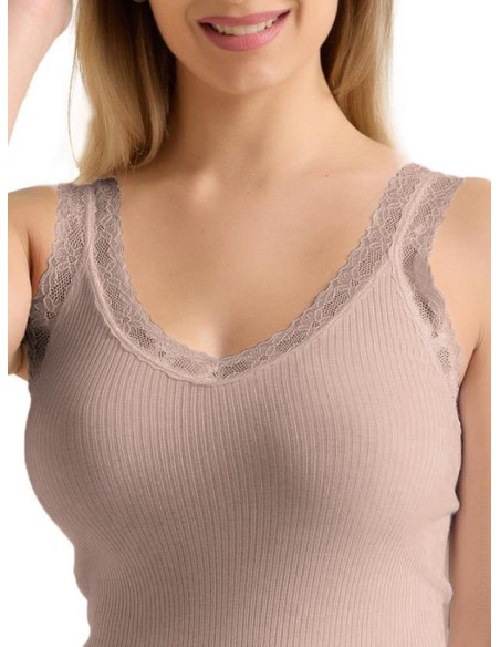 Canotta Donna Costine Cotone Scollo a V Pizzo, Marlene 53061