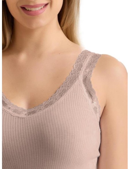 Canotta Donna Costine Cotone Scollo a V Pizzo, Marlene 53061