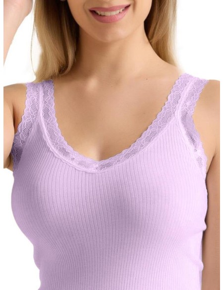 Canotta Donna Costine Cotone Scollo a V Pizzo, Marlene 53061