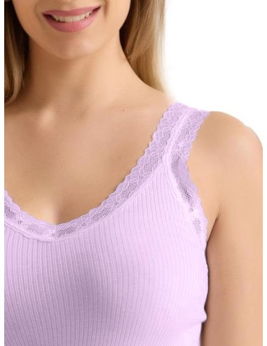 Canotta Donna Costine Cotone Scollo a V Pizzo, Marlene 53061