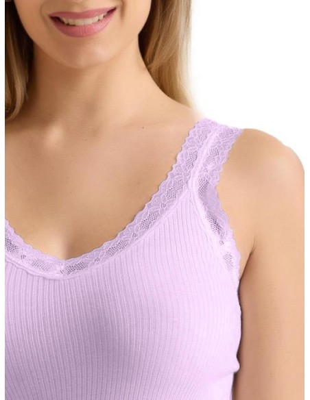 Canotta Donna Costine Cotone Scollo a V Pizzo, Marlene 53061