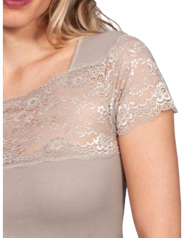 Maglia donna 100% cotone manica corta e scollo in pizzo